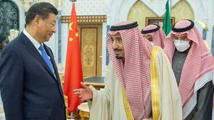 King Salman of Saudi Arabia greets China's President Xi Jinping. China is Saudi's top trade partner