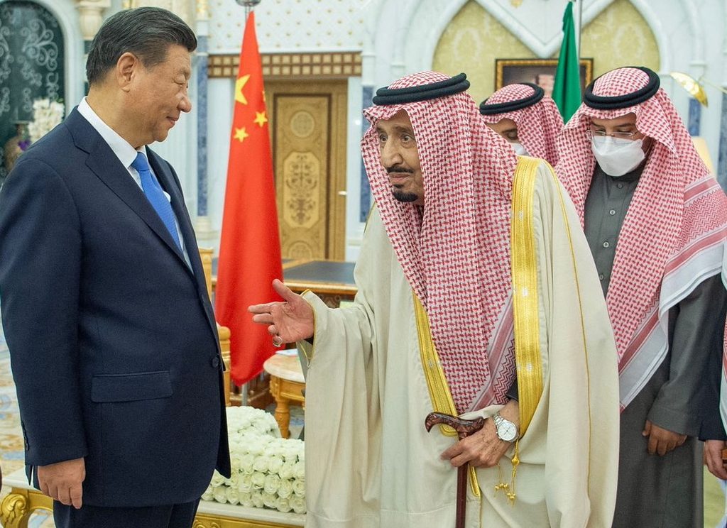 King Salman of Saudi Arabia greets China's President Xi Jinping. China is Saudi's top trade partner