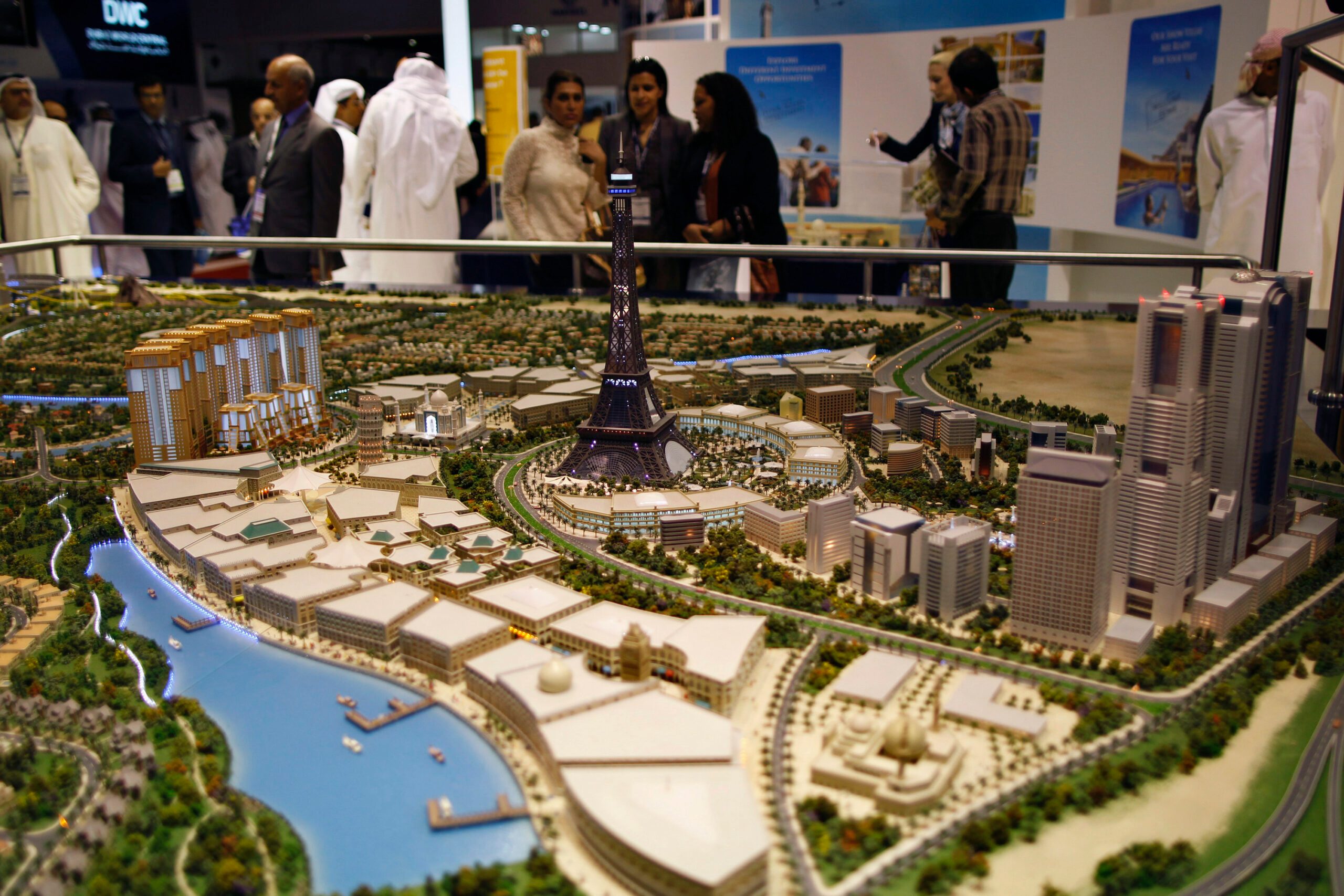 Visitors look at the Falconcity of Wonders model at a Dubai property fair in 2012