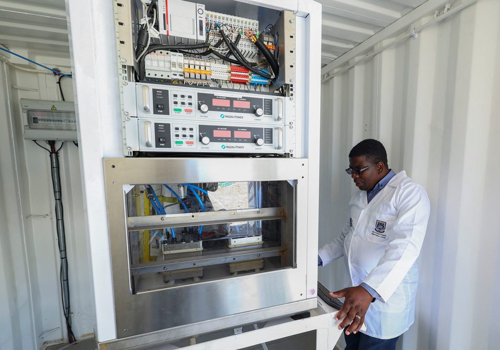 An electrolyser unit at a proof-of-concept green hydrogen production facility in the Western Cape region of South Afric