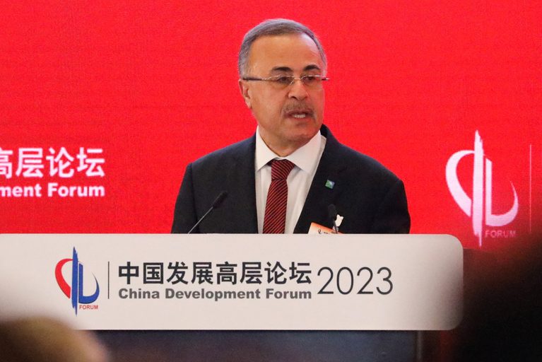 Aramco CEO Amin Nasser speaks in Beijing in March. The company has invested heavily in refineries in China