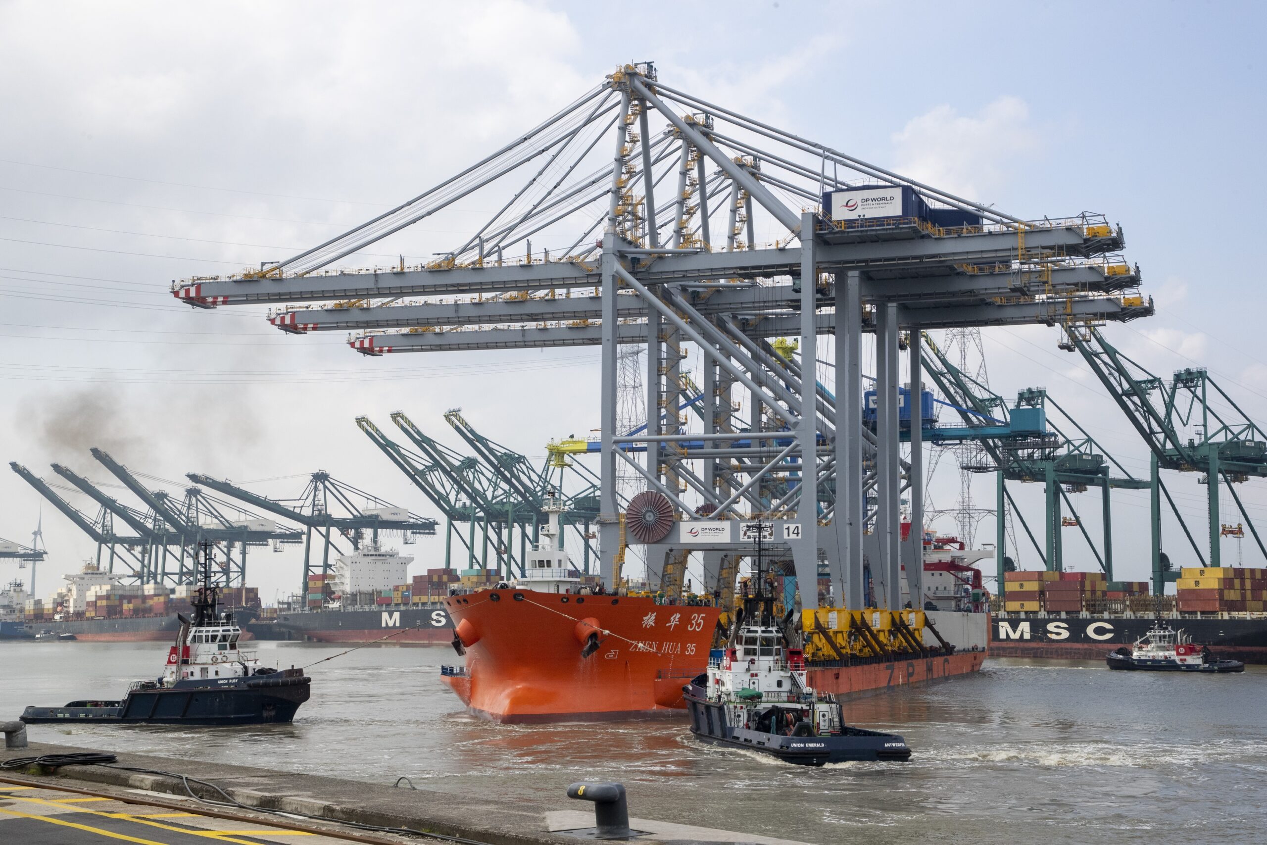 Three new ship-to-shore cranes, part of a $218m modernisation programme, arrive at DP World in Antwerp, Belgium