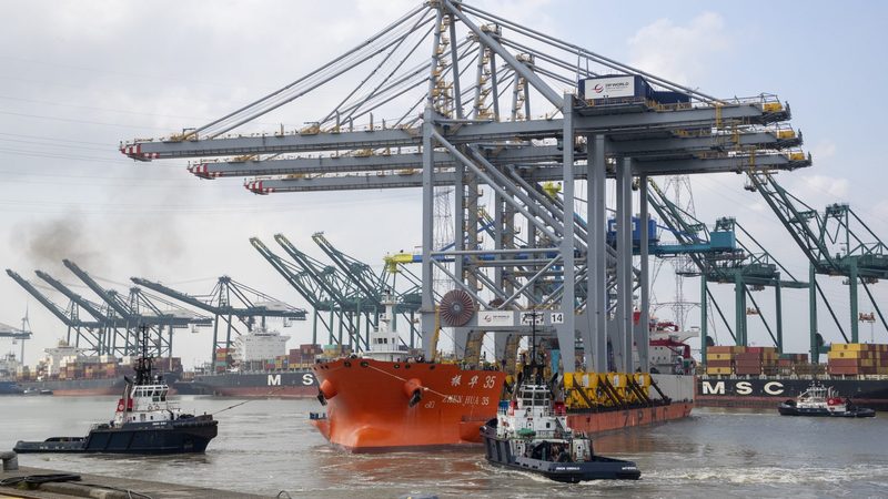 Three new ship-to-shore cranes, part of a $218m modernisation programme, arrive at DP World in Antwerp, Belgium