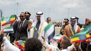 Sheikh Mohamed bin Zayed Al Nahyan, President of the United Arab Emirates (C), HE Abiy Ahmed, Prime Minister of Ethiopia and Sheikh Mansour bin Zayed Al Nahyan, UAE Vice President in Addis Ababa