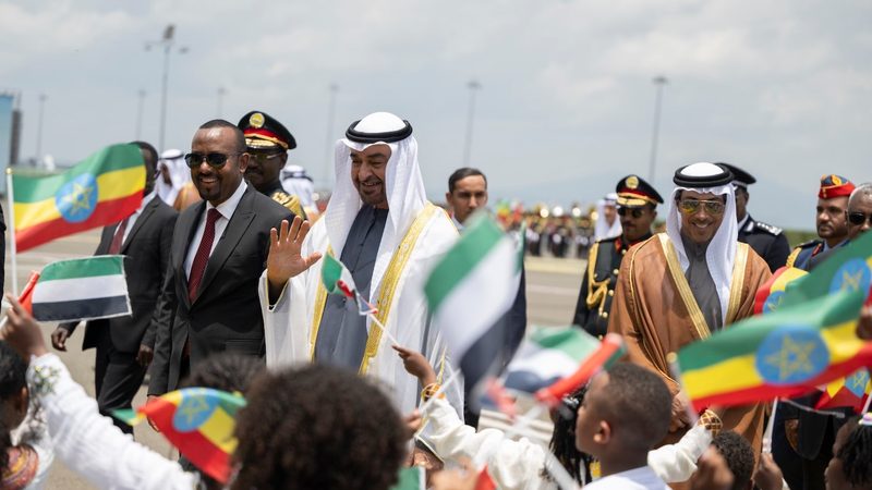 Sheikh Mohamed bin Zayed Al Nahyan, President of the United Arab Emirates (C), HE Abiy Ahmed, Prime Minister of Ethiopia and Sheikh Mansour bin Zayed Al Nahyan, UAE Vice President in Addis Ababa