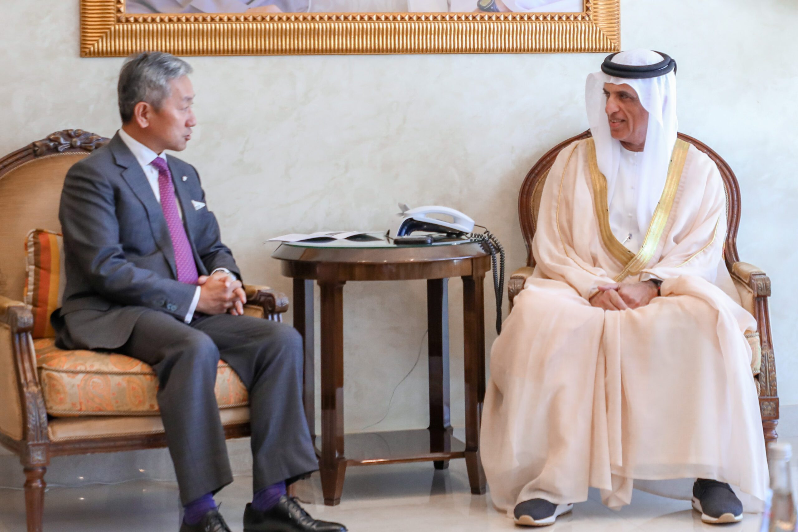 Zhang Yiming meets with Sheikh Saud bin Saqr Al Qasimi, ruler of Ras Al Khaimah, during a visit to the UAE in May