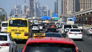 A school bus in traffic on Dubai's Sheikh Zayed Road