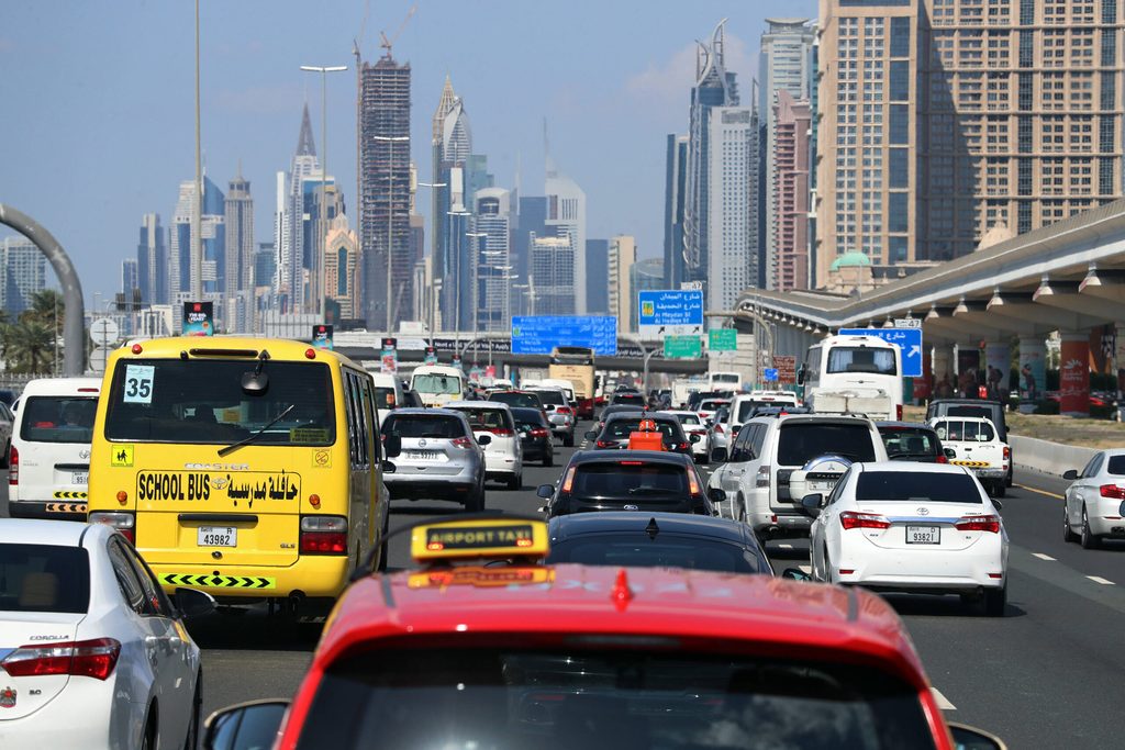 A school bus in traffic on Dubai's Sheikh Zayed Road