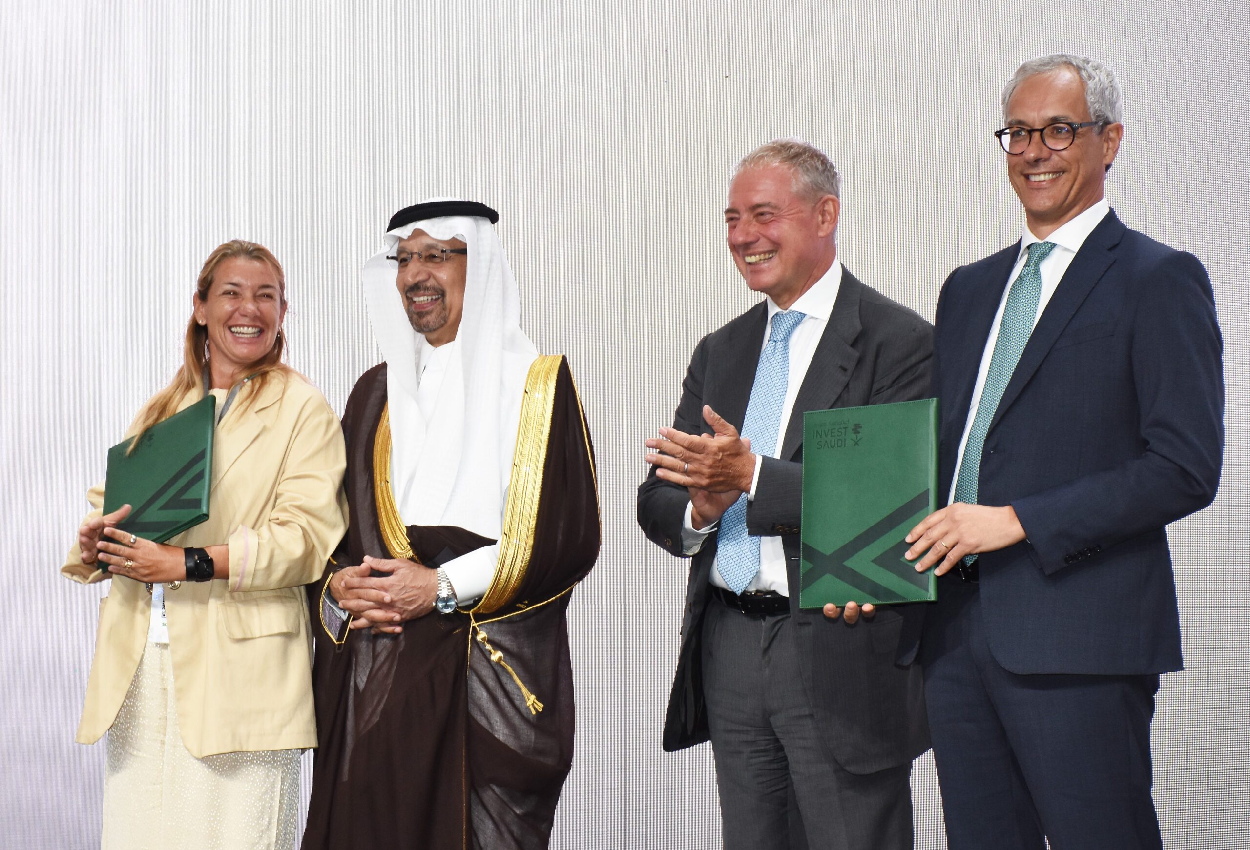 Saudi Arabian investment minister Khalid Al Falih and Italian business minister Adolfo Urso at the Italian-Saudi Investment Forum in Milan