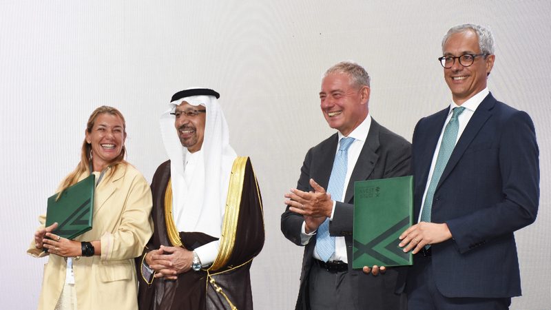 Saudi Arabian investment minister Khalid Al Falih and Italian business minister Adolfo Urso at the Italian-Saudi Investment Forum in Milan