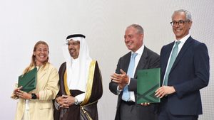 Saudi Arabian investment minister Khalid Al Falih and Italian business minister Adolfo Urso at the Italian-Saudi Investment Forum in Milan