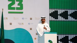 COP28 president-designate Sultan Al Jaber addresses delegates during the Africa Climate Summit in Nairobi, Kenya