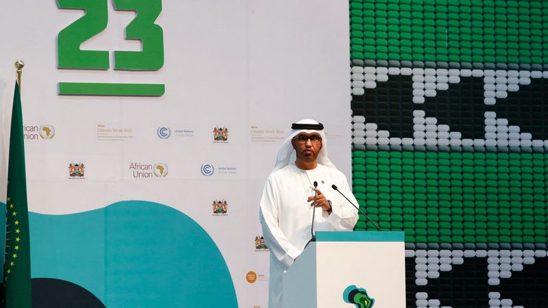 COP28 president-designate Sultan Al Jaber addresses delegates during the Africa Climate Summit in Nairobi, Kenya