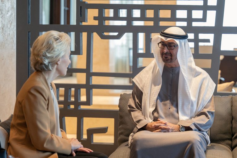 Sheikh Mohamed bin Zayed Al Nahyan, President of the United Arab Emirates talks with Ursula von der Leyen, President of the European Commission