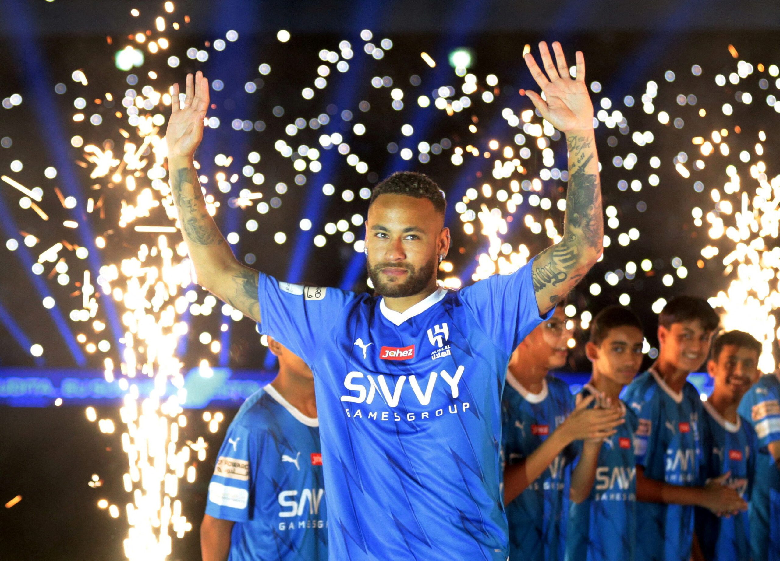 Al Hilal star signing Neymar is presented to the crowd in the King Fahd International Stadium on August 19