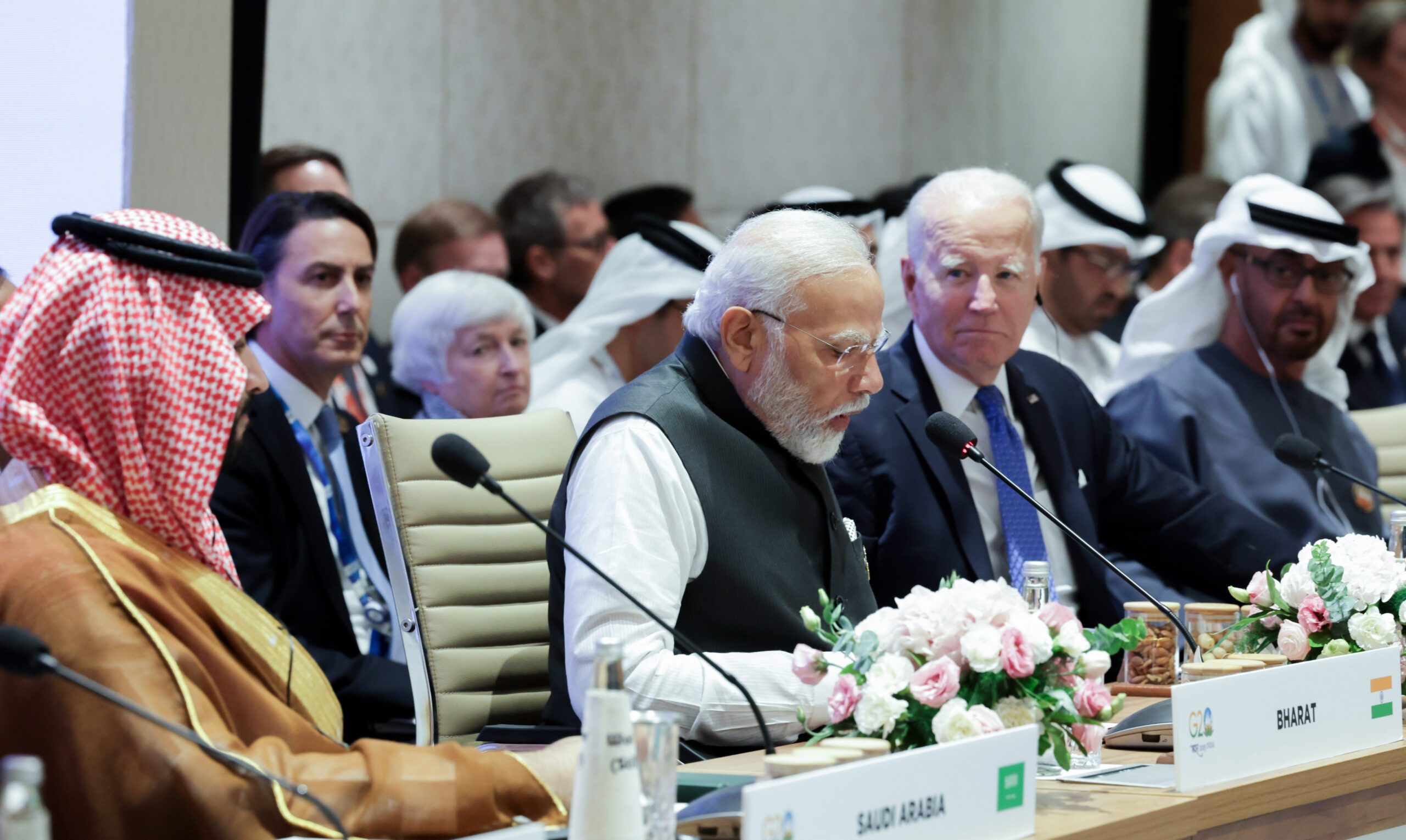 Crown Prince Mohammed bin Salman, President Joe Biden and Sheikh Mohamed bin Zayed look on as Narendra Modi announces the Imec plan