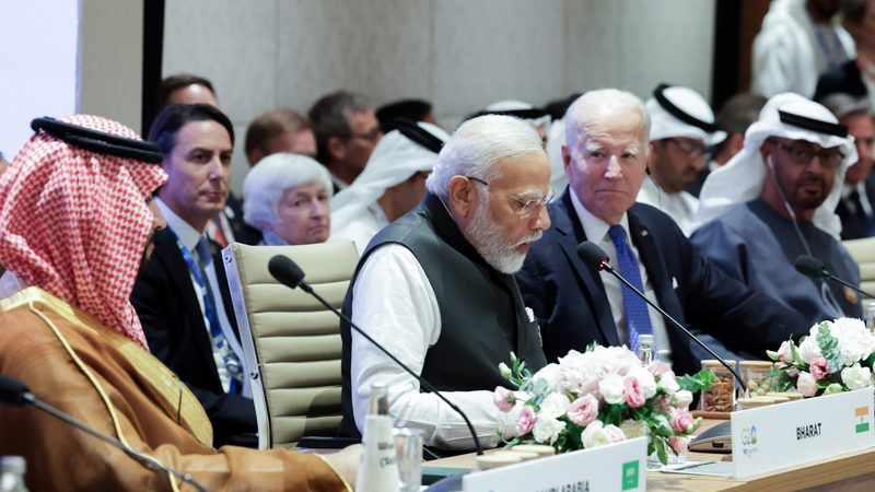 Crown Prince Mohammed bin Salman, President Joe Biden and Sheikh Mohamed bin Zayed look on as Narendra Modi announces the Imec plan