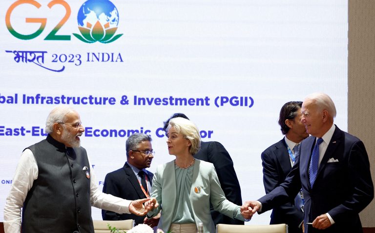 Narendra Modi, Ursula von der Leyen and Joe Biden at the summit in New Delhi on September 9. All three have signed the memorandum of understanding 