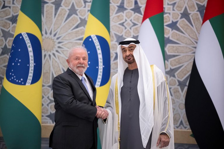 UAE president  Sheikh Mohamed bin Zayed Al Nahyan greets Brazilian president Luiz Inácio Lula da Silva during a visit in April