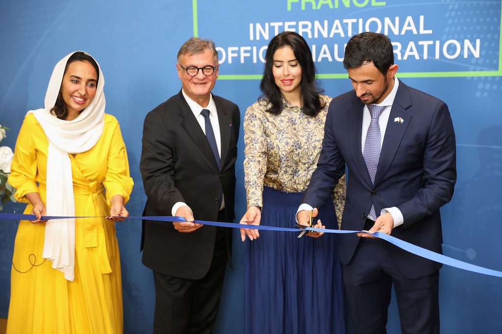 UAE ambassador to France Hend Al Otaiba (second from right) takes part in the opening ceremony for the Dubai Chamber office in Paris