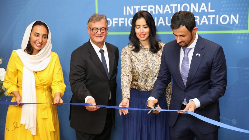 UAE ambassador to France Hend Al Otaiba (second from right) takes part in the opening ceremony for the Dubai Chamber office in Paris