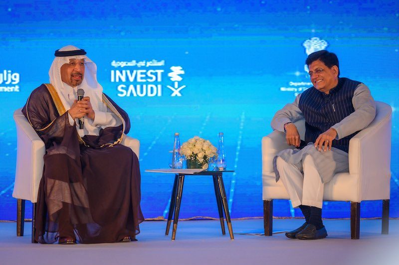 Saudi investment minister Khalid Al Falih and Indian commerce and industry minister Piyush Goyal address the India Saudi Investment Forum in New Delhi