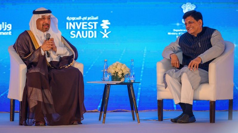 Saudi investment minister Khalid Al Falih and Indian commerce and industry minister Piyush Goyal address the India Saudi Investment Forum in New Delhi