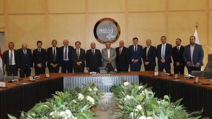 Executives of Orascom and Thales and officials of Egyptian National Railways at the contract signing ceremony