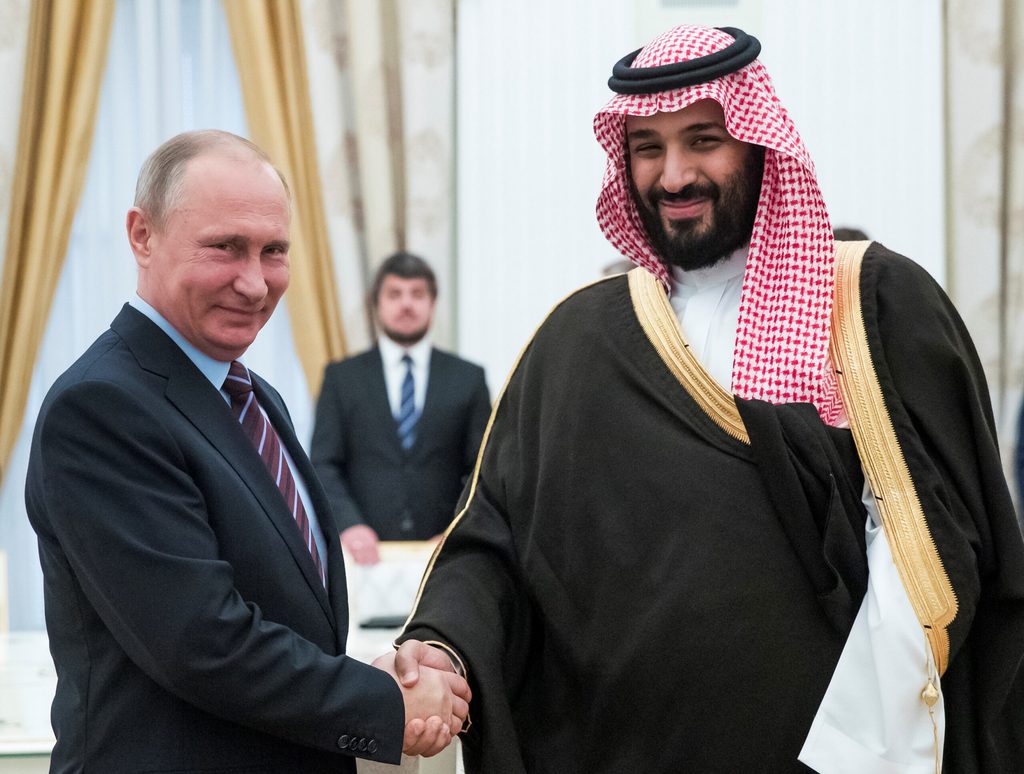 Russian President Vladimir Putin, left, with Saudi Arabia's Crown Prince Mohammed bin Salman