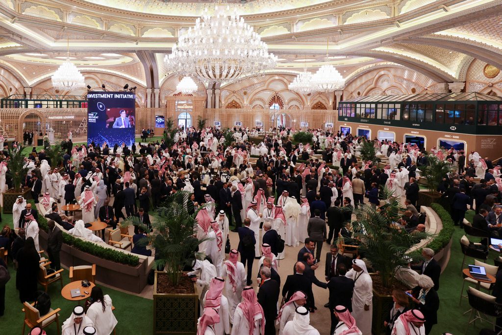 The lobby of the Exhibition and Conference Center of the Ritz Carlton Hotel in Riyadh on the opening day of last year's FII. This year is the event's seventh