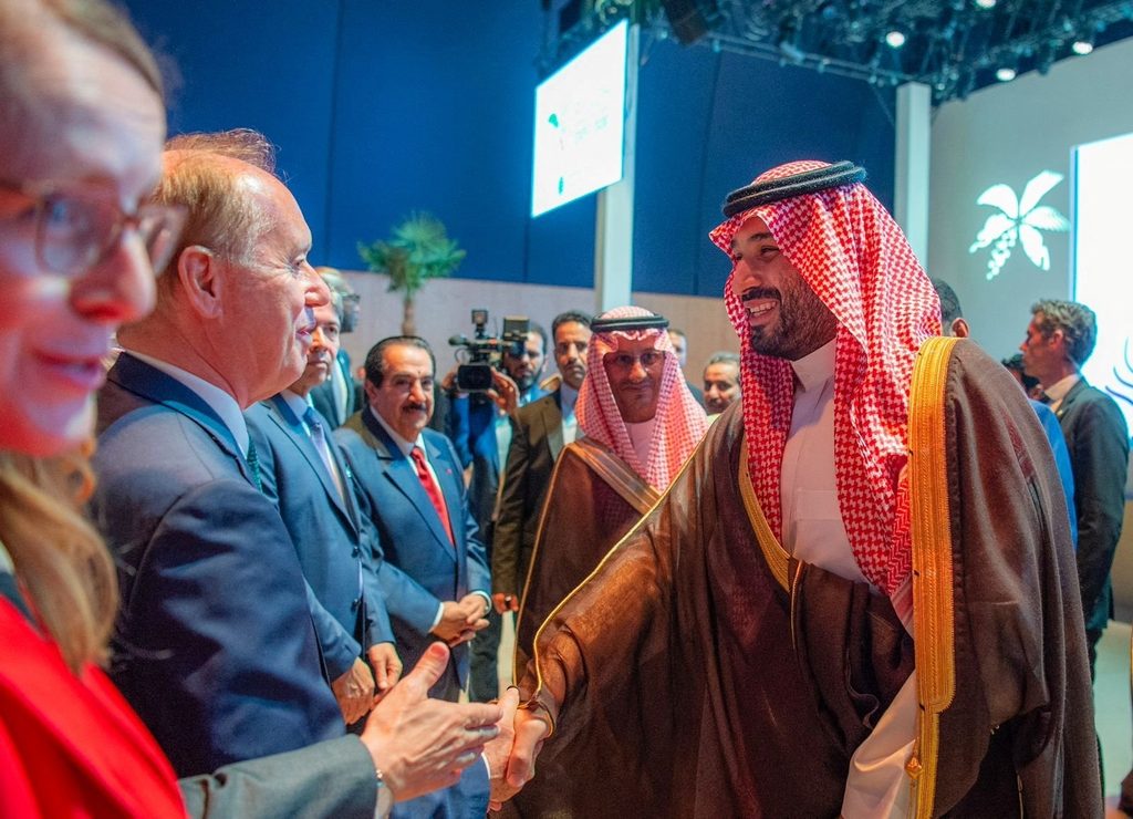 Crown Prince Mohammed bin Salman greets dignitaries at a reception for Riyadh's bid to host Expo 2030