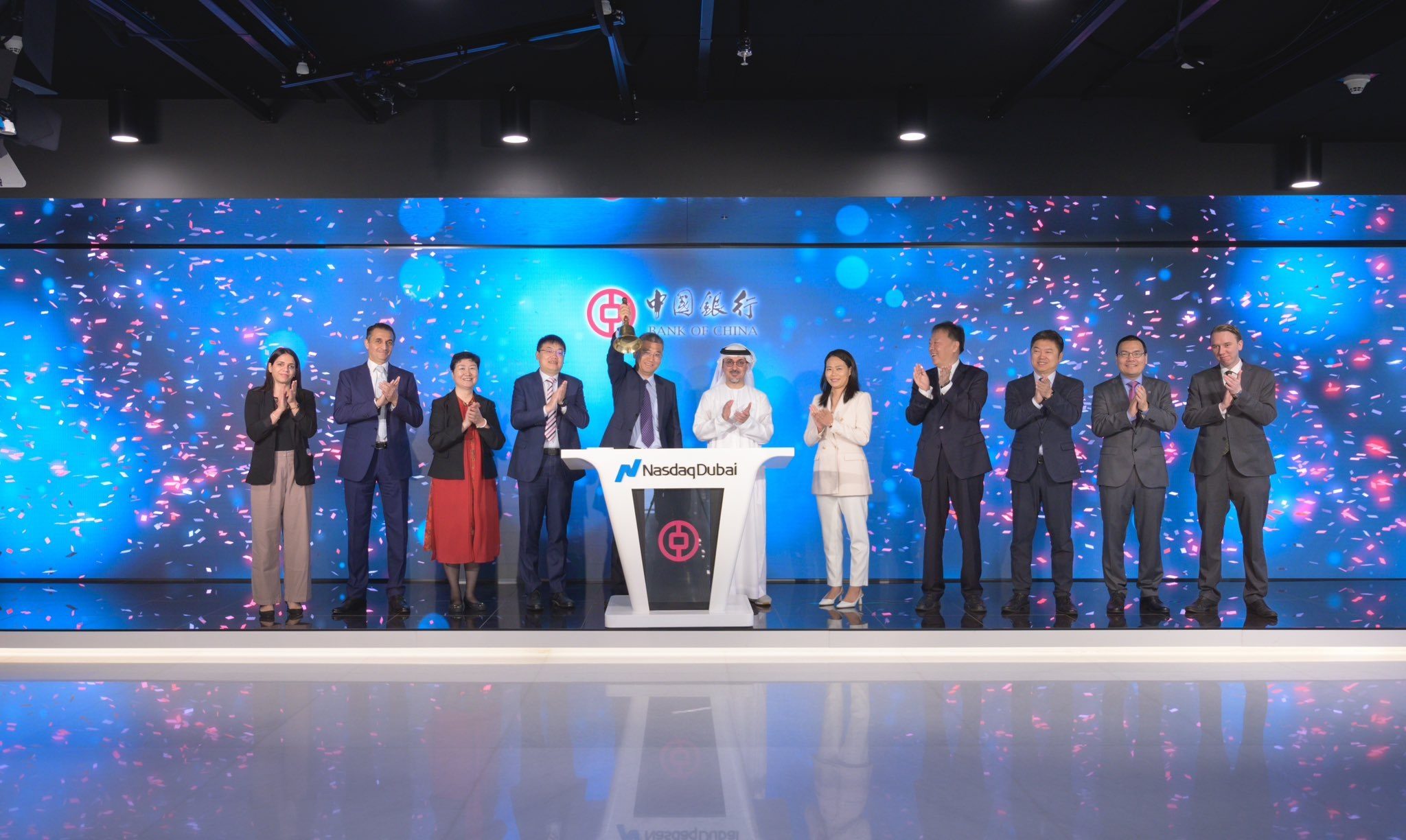 Zhang Xiaodong, executive VP at Bank of China, rings the opening bell at Nasdaq Dubai to mark the green bonds' release