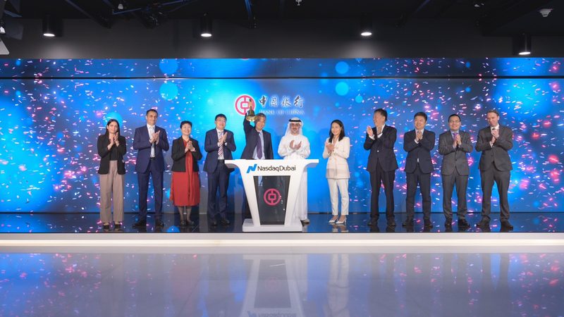 Zhang Xiaodong, executive VP at Bank of China, rings the opening bell at Nasdaq Dubai to mark the green bonds' release