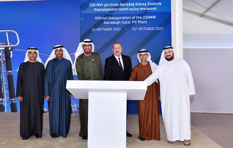 Azerbaijan president Ilham Aliyev, third from right, and Sultan Ahmed Al Jaber, chairman of Masdar inaugurate 230MW Garadagh Solar Park in Azerbaijan