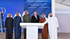 Azerbaijan president Ilham Aliyev, third from right, and Sultan Ahmed Al Jaber, chairman of Masdar inaugurate 230MW Garadagh Solar Park in Azerbaijan