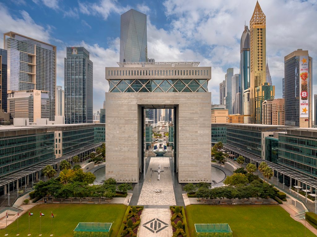 The DIFC Gate Building, as seen from a drone camera. The free zone opened in 2004