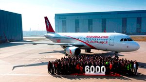 Air Arabia staff celebrating the delivery of the 6,000th Airbus. The low cost airline now plans to launch a route to London from the UAE