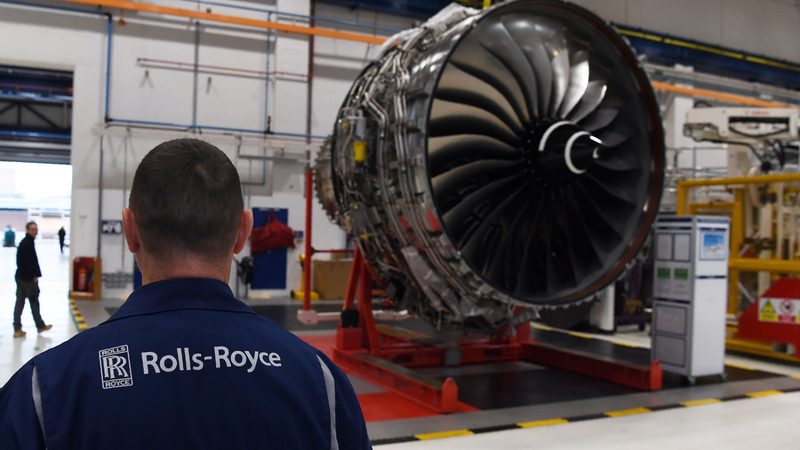 A Rolls Royce Trent XWB engine, designed specifically for the Airbus A350, at the Rolls Royce factory in Derby, England