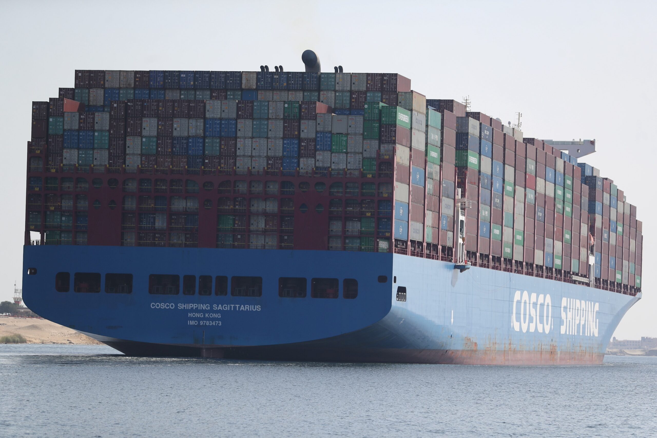 A China Ocean Shipping Company (COSCO) craft in the Suez Canal. More than half of China's exports to Europe pass through the canal