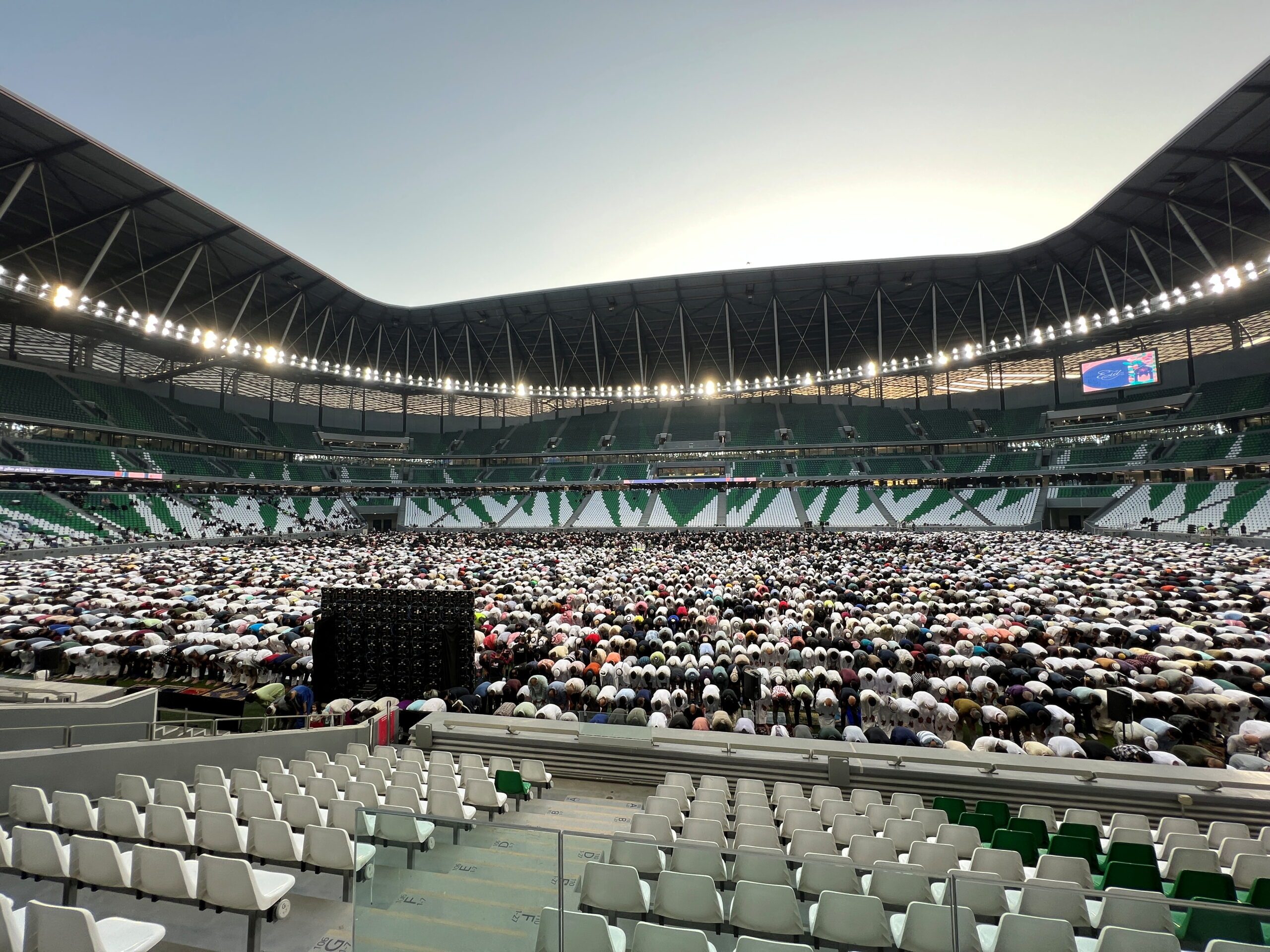 Qataris perform Eid al-Fitr prayers this year at one of the stadiums built for the 2022 Fifa World Cup, Education City Stadium in Al Rayyan