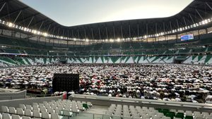 Qataris perform Eid al-Fitr prayers this year at one of the stadiums built for the 2022 Fifa World Cup, Education City Stadium in Al Rayyan