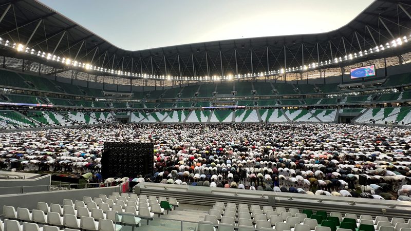 Qataris perform Eid al-Fitr prayers this year at one of the stadiums built for the 2022 Fifa World Cup, Education City Stadium in Al Rayyan