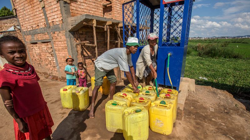 Villagers collect drinking water in Antananarivo, Madagascar. The region is facing drinking water shortages due to both drought and floods