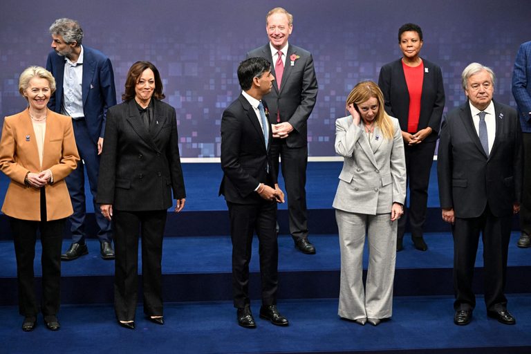 Rishi Sunak (centre) hosted the AI Safety Summit. Guests included (front, from left) European Commission chief Ursula von der Leyen, Vice President Kamala Harris, Italy's PM Giorgia Meloni and UN head Antonio Guterres