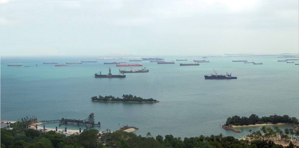 Oil tankers and other vessels moored off Singapore. An area further off Singapore is favoured by Iran's dark fleet for ship-to-ship transfers