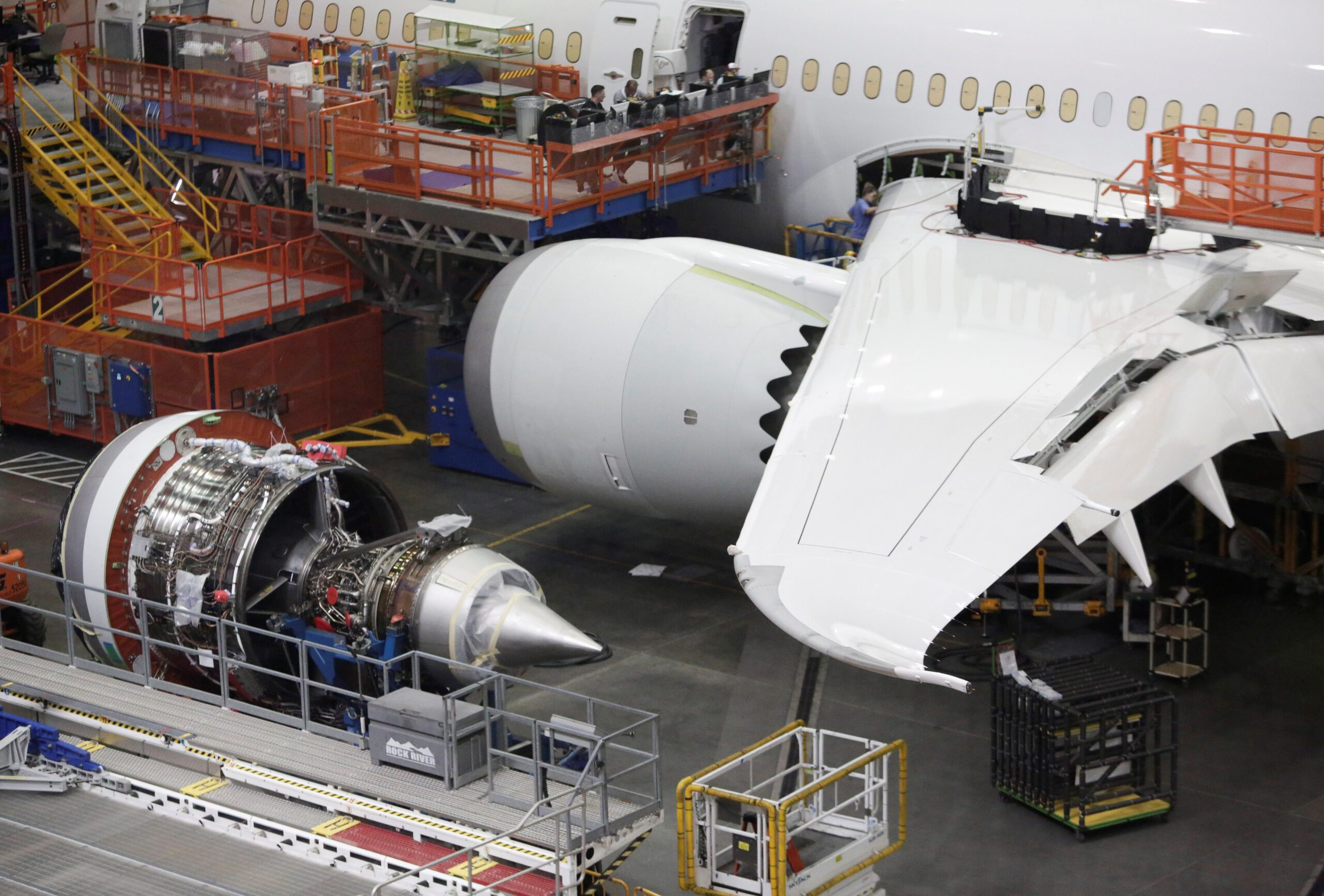 An engine for a Boeing 787 is pictured at Boeing's production facility in Everett, Washington, U.S.
