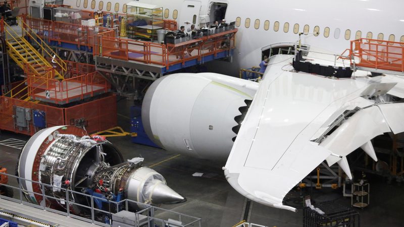 An engine for a Boeing 787 is pictured at Boeing's production facility in Everett, Washington, U.S.