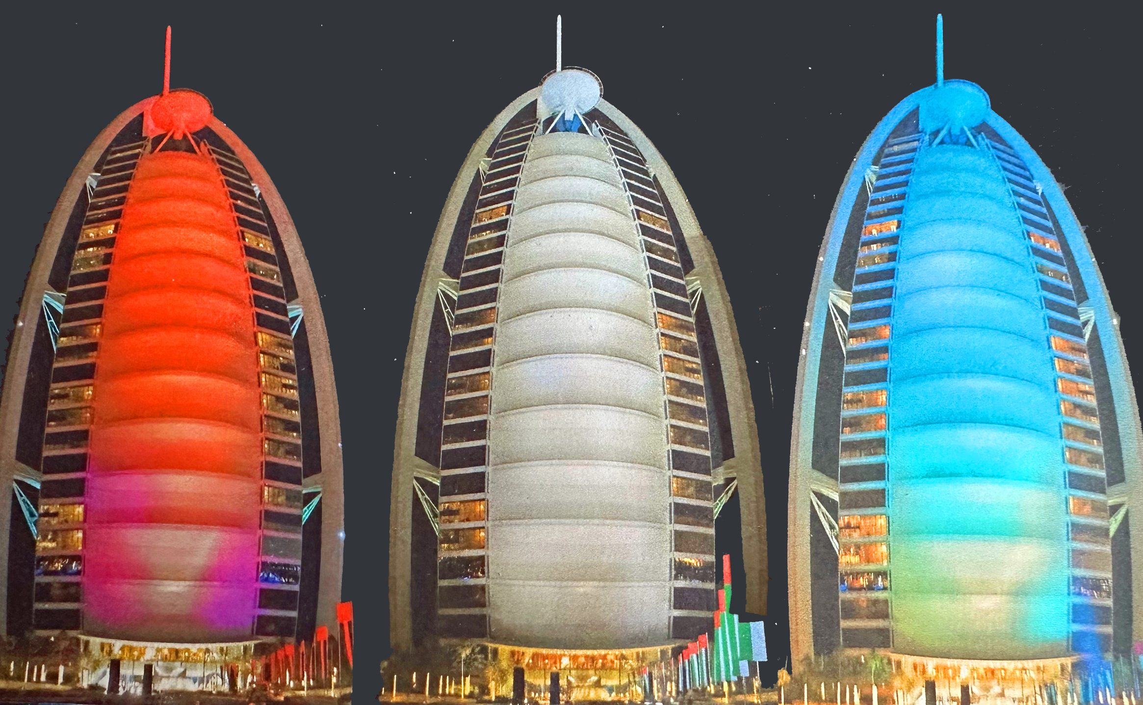 The Burj al Arab, Dubai, in three of its colour phases: the Cop28 occupancy boost for UAE hotels means the city will be close to full capacity