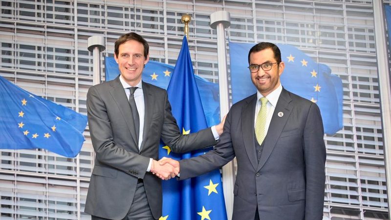 COP28 President Dr. Sultan Al Jaber, right, and EU Climate Commissioner and Chief COP28 Negotiator Wopke Hoekstra, left