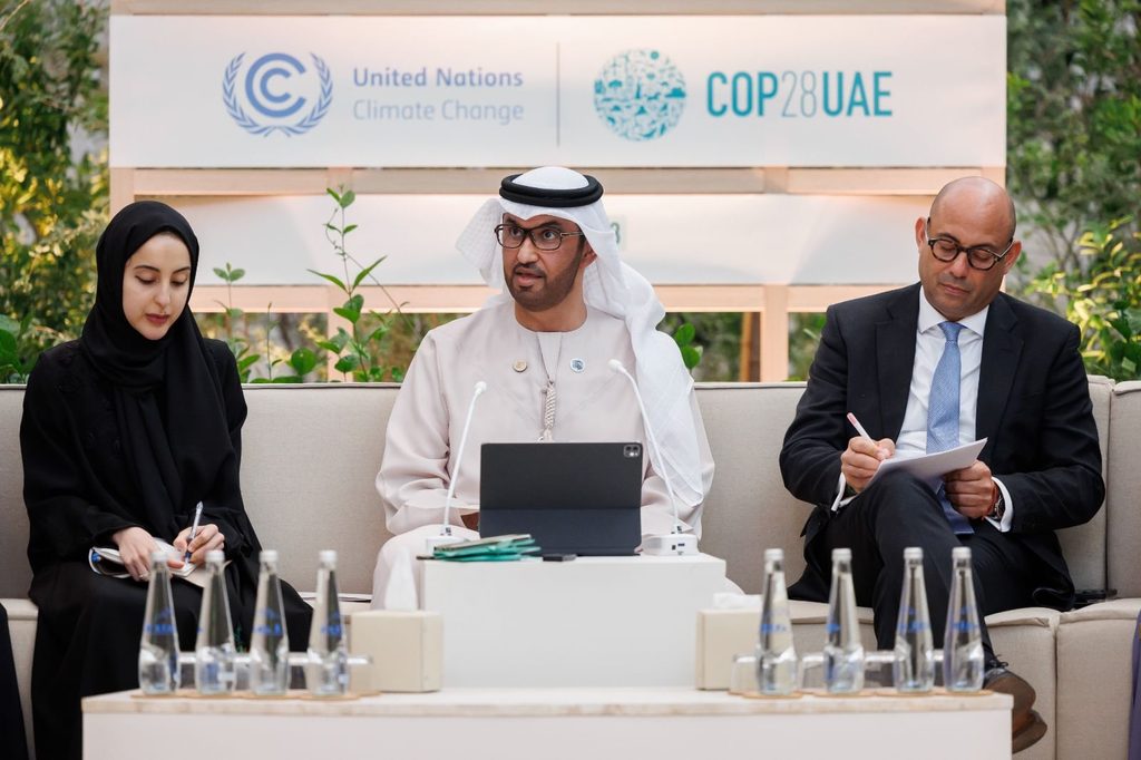 Cop28 president Sultan Al Jaber talks to the press at the Cop28 opening day Media Majlis
